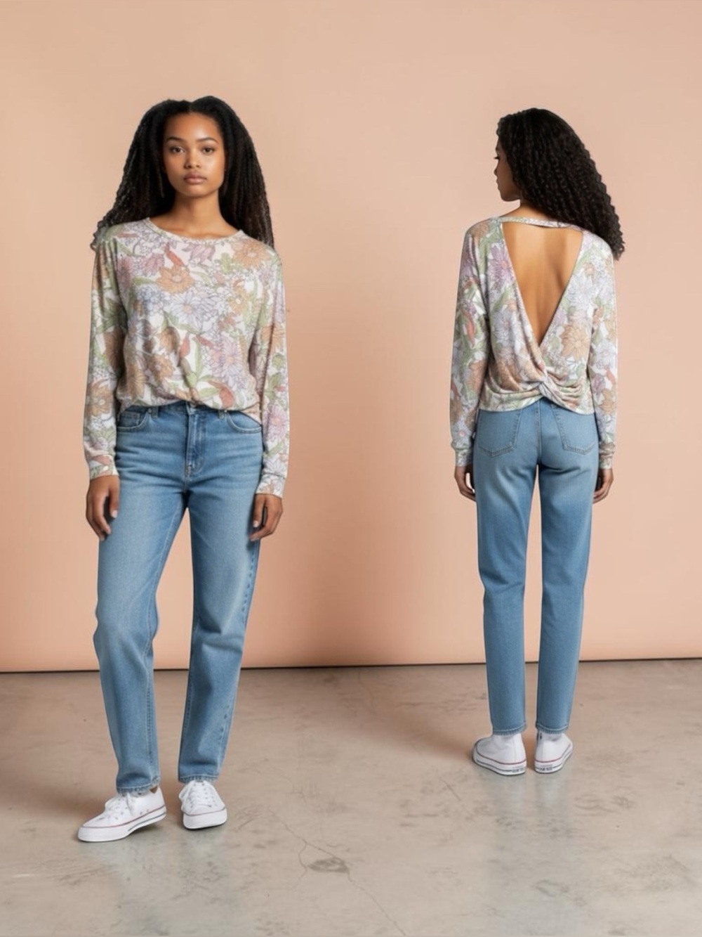 Oli Viv NWT casual pastel floral long sleeve pullover open back top size large